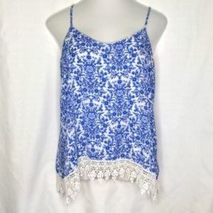 MAURICES Blue Floral White Crochet Fringe Tank Medium